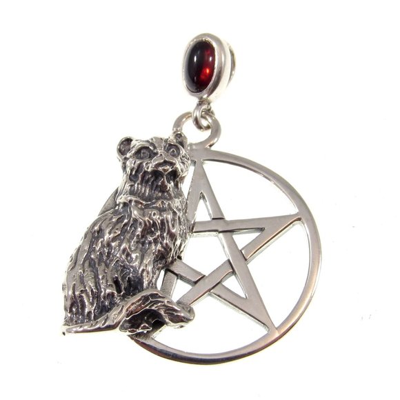 Solid 925 Sterling Silver Cat Familiar Pentacle Pendant w/ Choice of Gemstone - Picture 2 of 9